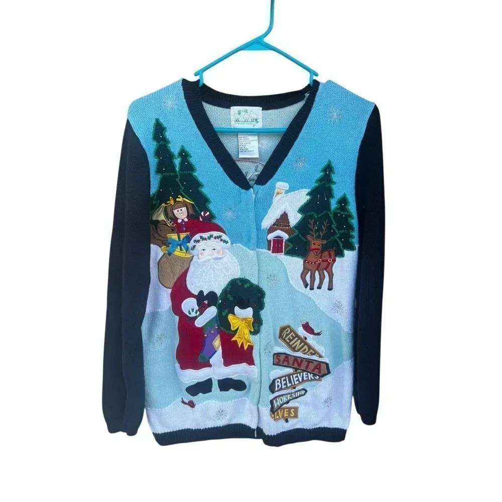 Quacker Factory Women's Small  Ugly Christmas Cardigan Sweater Santa Toy angel